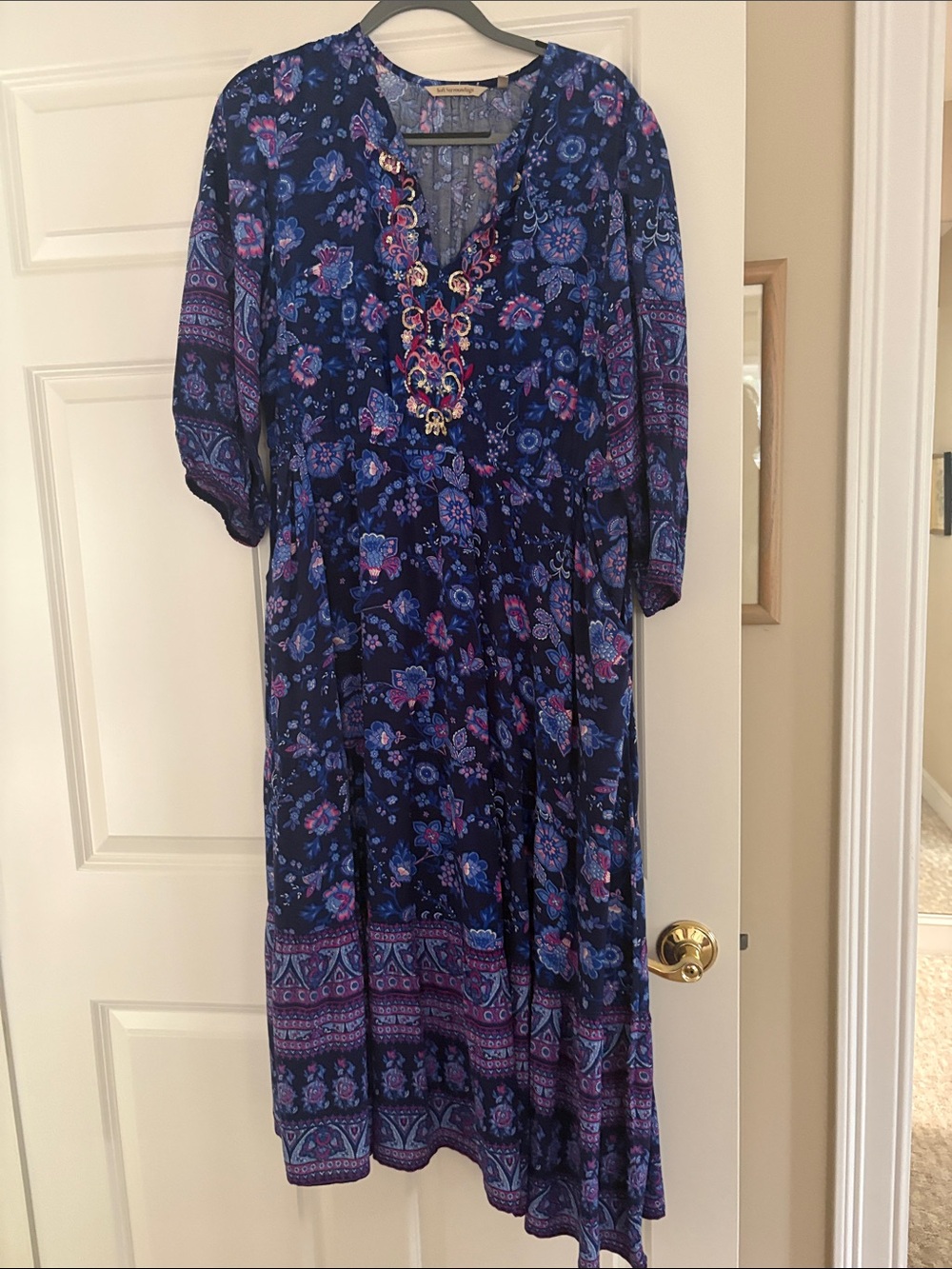 Soft Surroundings Navy and Purple Floral Maxi Dress with Embroidered V-Neck